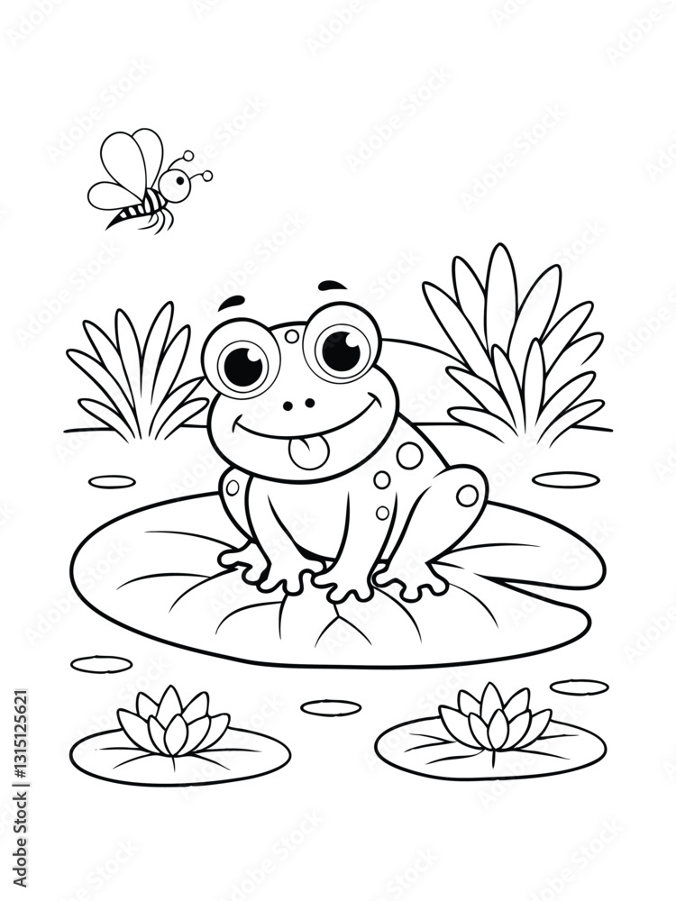 Fototapeta premium Cute Cartoon Frog on Lily Pad Coloring Page