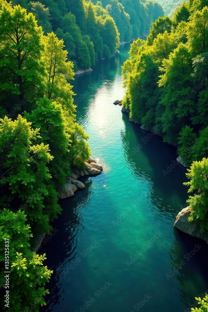 Fototapeta premium Serene River Flowing Through Lush Green Foliage, A Breathtaking View From Above