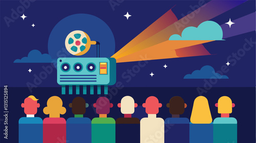 The sound of a projector starts up signaling the beginning of the movie and everyone settles in with anticipation.. Vector illustration