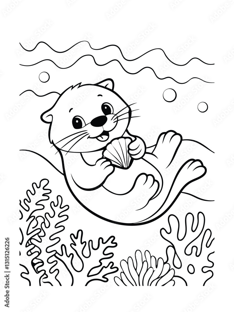 Obraz premium A cute cartoon sea otter holds a clam shell, resting on an ocean floor with seaweed. Simple line art, perfect for coloring. Underwater scene.