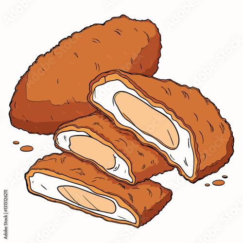 Realistic vector artwork of crispy chicken tenders, perfect for menus, packaging, and food-related designs.