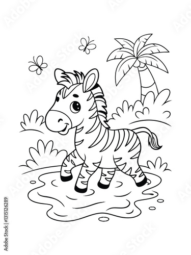 A cute cartoon zebra foal stands in a puddle, near palm trees and butterflies. Simple line drawing, perfect for coloring books or kids activities