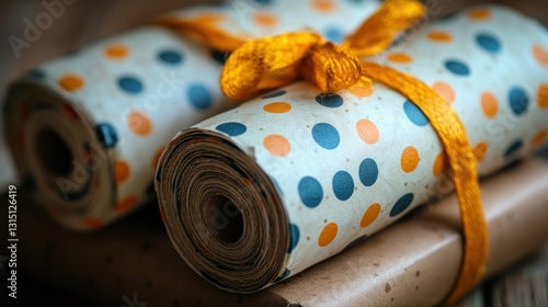 Wrapped rolls of polka dot wrapping paper on rustic wooden surface
