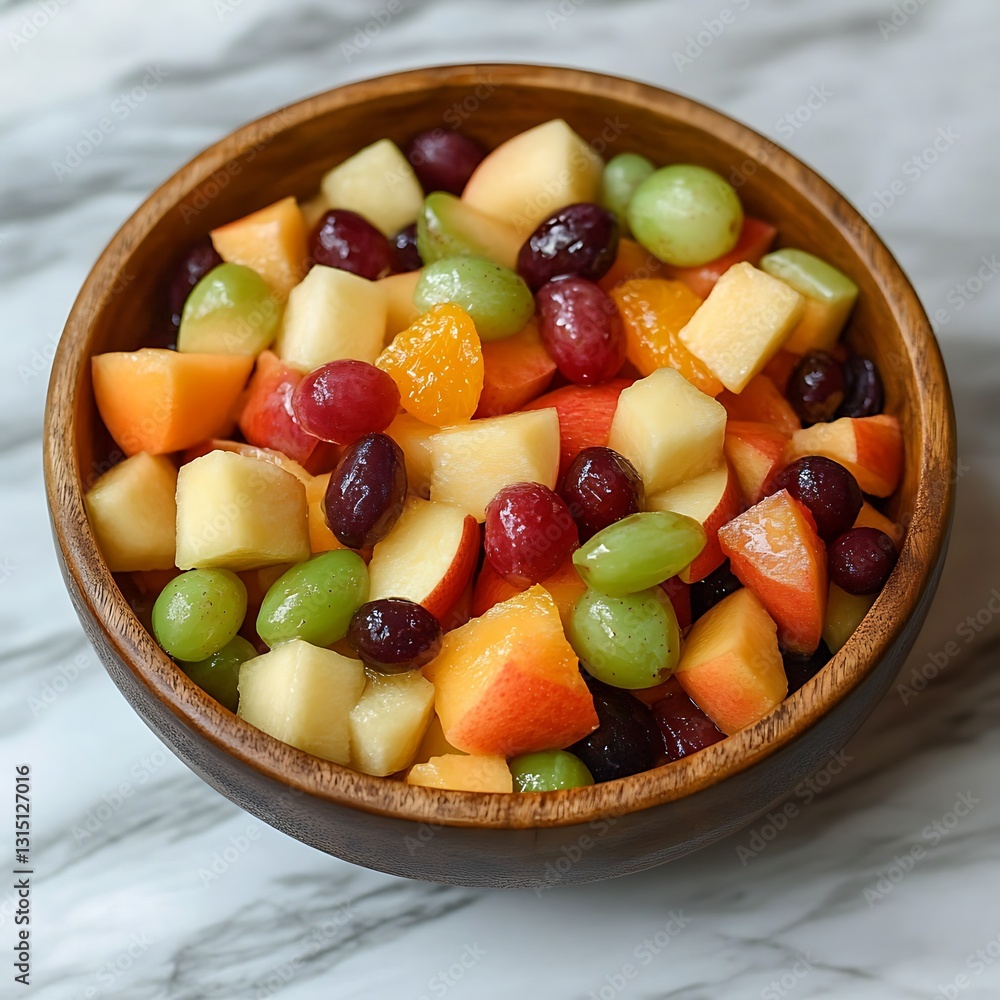 Fruit salad with fresh fruit pieces such as apples, oranges, grapes and melon in a wooden bowl Fruit salad with fresh fruit pieces such as apples, oranges, grapes and melon in a wooden bowl