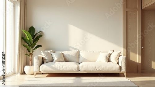 Serene Minimalist Living Room Interior Design with Natural Light and Neutral Tones Featuring a Comfortable Sofa and Stylish Plant