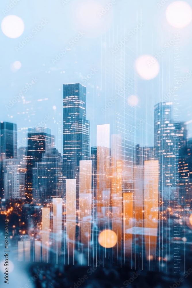 Fototapeta premium intricately designed close-up of financial graph with ascending bars or lines set against blurred cityscape backdrop