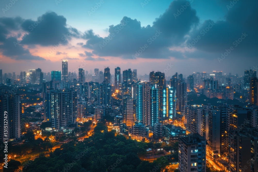 Fototapeta premium Cityscape at dusk, high-rise buildings illuminated, clouds in the sky.