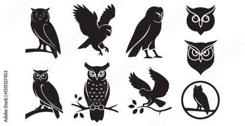 Set of owl with different pose vector silhouette
 Owl silhouettes, Barn owl silhouette, Owl silhouettes vector illustration, Owl clipart. 