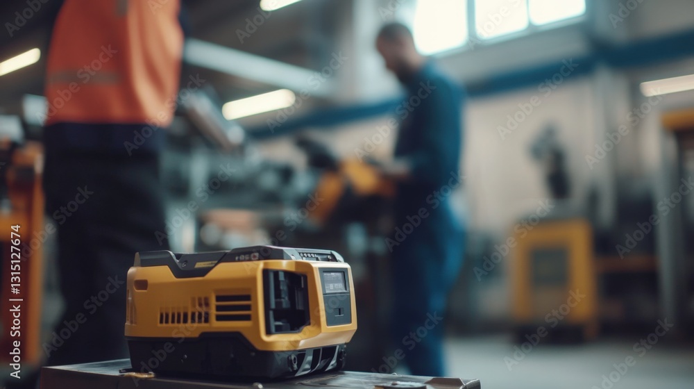 A worker operates machinery in a workshop while a power tool charger is prominently displayed A worker operates machinery in a workshop while a power tool charger is prominently displayed