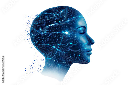 Human head outline formed by blue lines and nodes isolated on transparent background