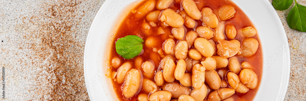 White bean tomato sauce delicious gourmet food background on the table rustic food top view copy space keto and paleo diet vegetarian and vegan food White bean tomato sauce delicious gourmet food background on the table rustic food top view copy space keto and paleo diet vegetarian and vegan food