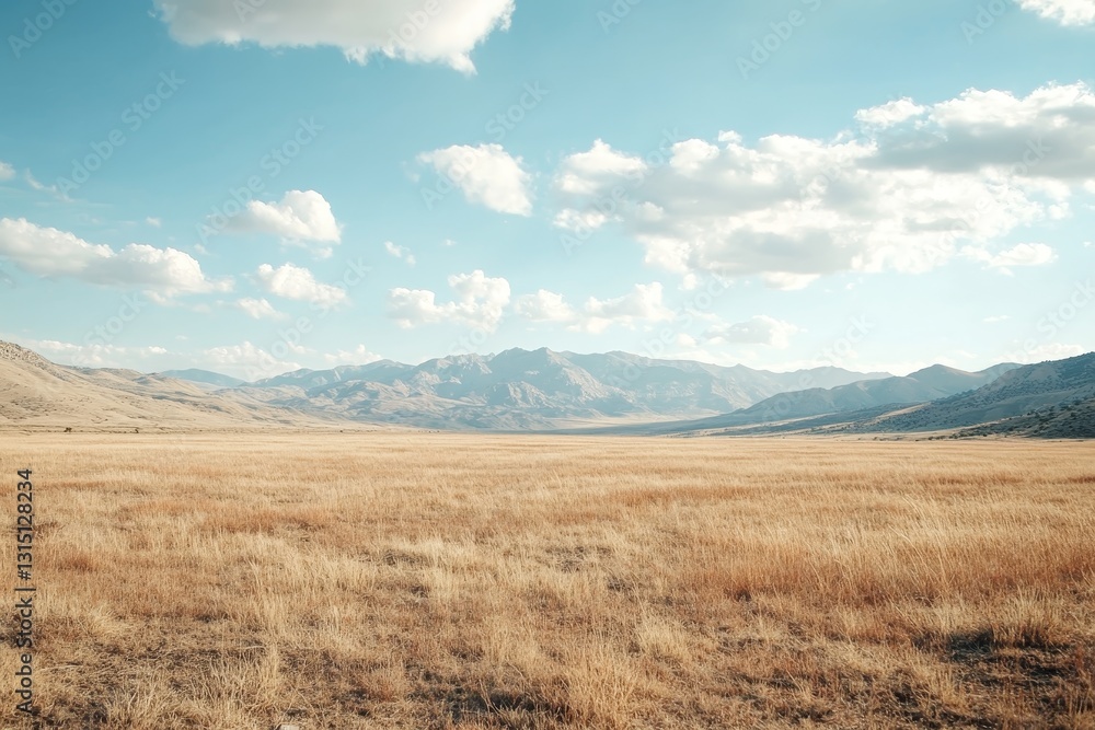 A serene landscape featuring golden grass stretching across a vast field, with majestic mountains in the distance under a bright blue sky dotted with fluffy clouds. A serene landscape featuring golden grass stretching across a vast field, with majestic mountains in the distance under a bright blue sky dotted with fluffy clouds.