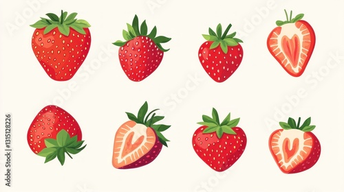 Collection of stylized strawberries, whole and sliced, on a white background. Suitable for food illustration, cookbook, or healthy eating content