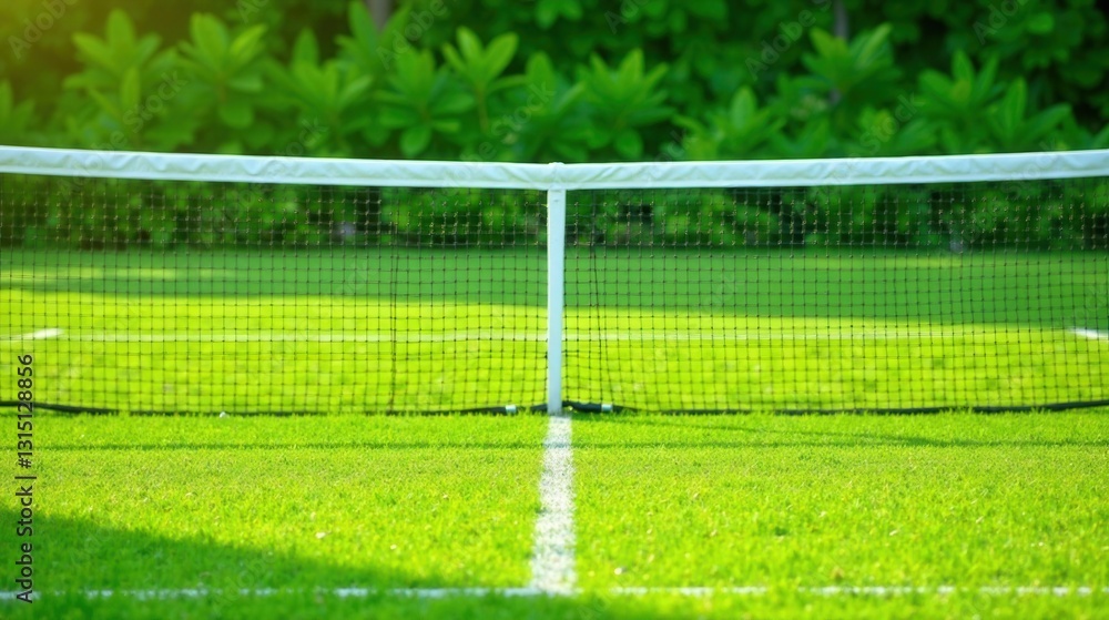 Fototapeta premium A pristine green lawn tennis court awaits a game, the net stands ready, bathed in sunlight against a lush backdrop of vibrant green foliage.