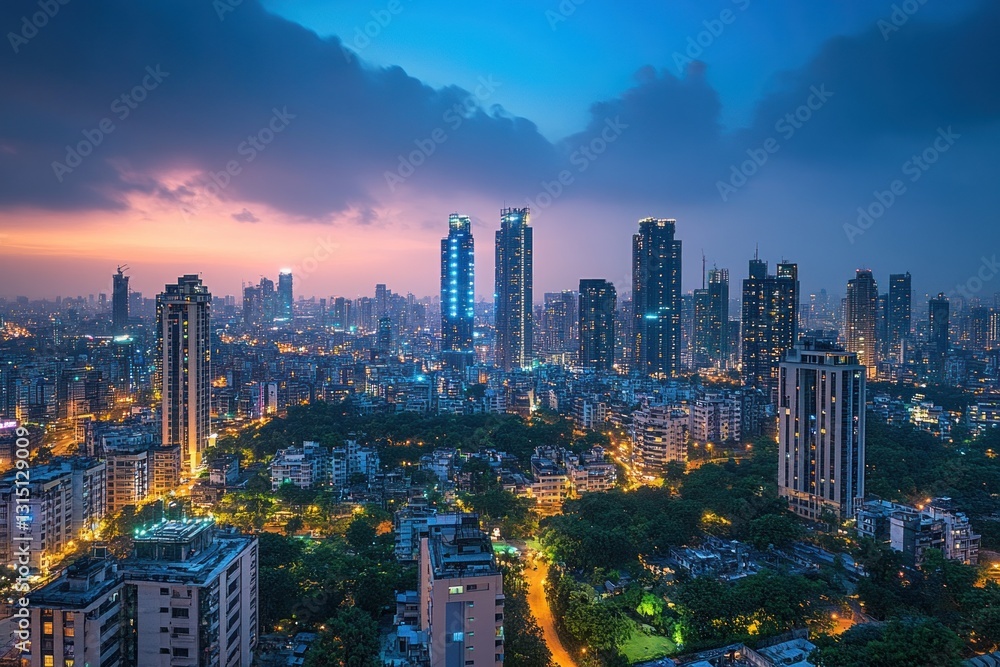 Obraz premium Cityscape at twilight, skyscrapers, buildings, lights, sunset, dusk, urban, skyline, metropolis.