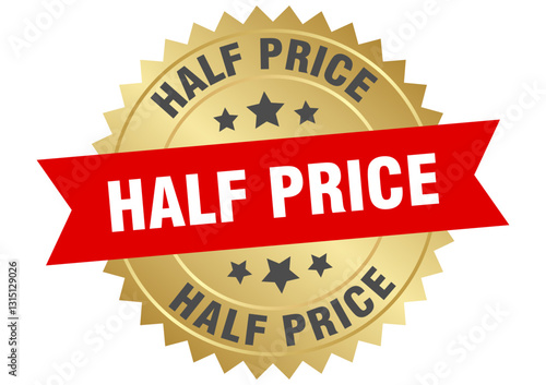 half price. half price round red and gold label isolated on transparent background