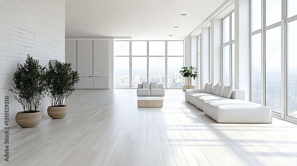 Serene Minimalist Living Space Bathed In Sunlight, Featuring A Modular White Sofa And Lush Green Plants, Creating A Peaceful And Airy Atmosphere Serene Minimalist Living Space Bathed In Sunlight, Featuring A Modular White Sofa And Lush Green Plants, Creating A Peaceful And Airy Atmosphere