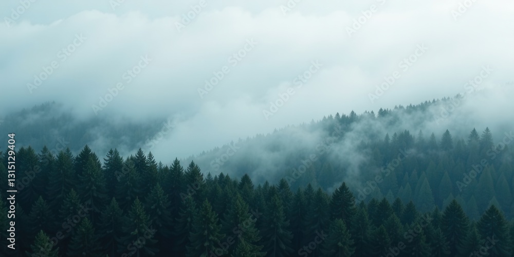 Misty Mountain Forest A Serene Landscape of Evergreen Trees Shrouded in a Soft, Gray Haze Misty Mountain Forest A Serene Landscape of Evergreen Trees Shrouded in a Soft, Gray Haze