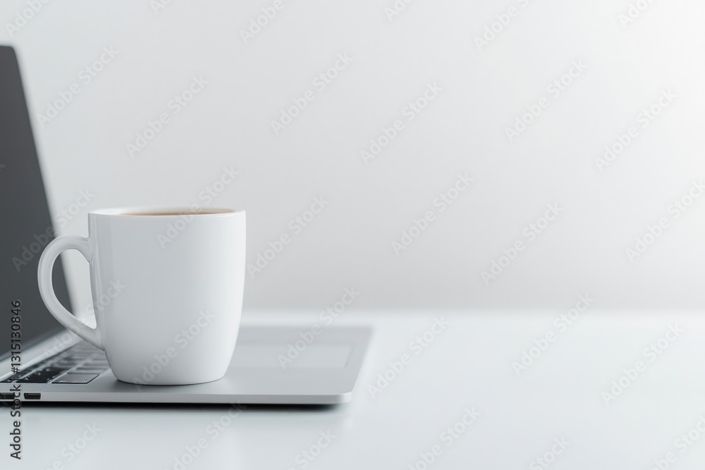 capture minimalist and aesthetically pleasing desktop scene with plain white coffee cup placed near unbranded laptop capture minimalist and aesthetically pleasing desktop scene with plain white coffee cup placed near unbranded laptop