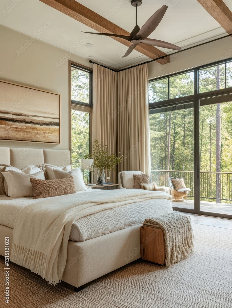 A spacious bedroom is designed with beige furnishings A spacious bedroom is designed with beige furnishings