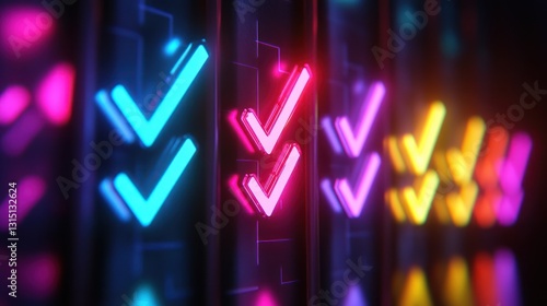 Neon checkmarks on dark background.