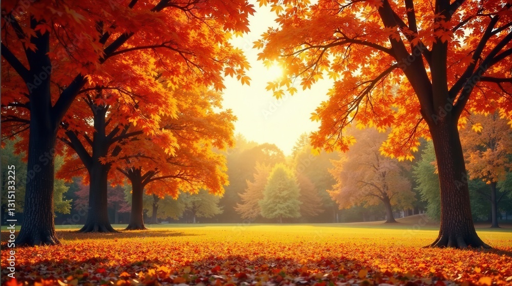 Φωτογραφία Golden Autumn Sunlight Illuminates Vibrant Maple Trees in a Serene Park Setting