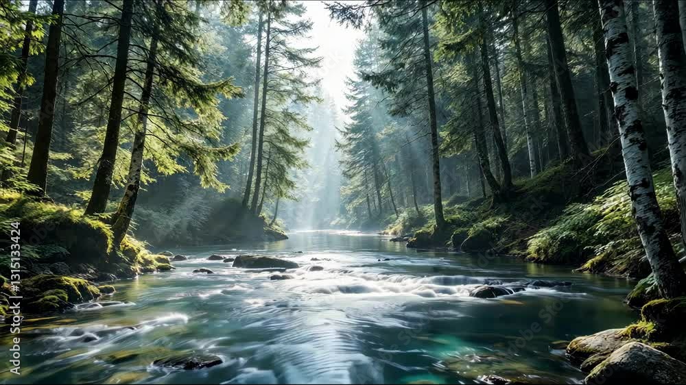 A tranquil forest scene with sunlight streaming over a flowing river A tranquil forest scene with sunlight streaming over a flowing river