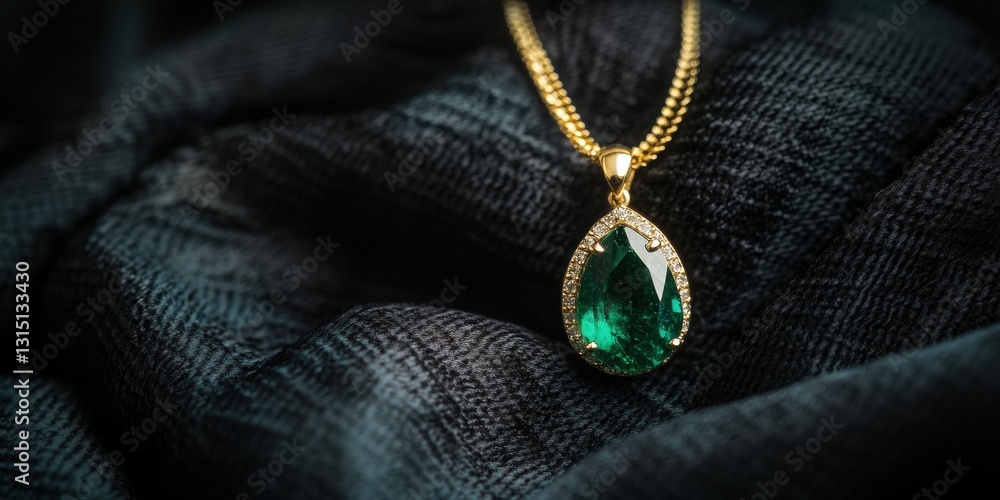 Elegant gold necklace with emerald pendant on luxurious black fabric Elegant gold necklace with emerald pendant on luxurious black fabric