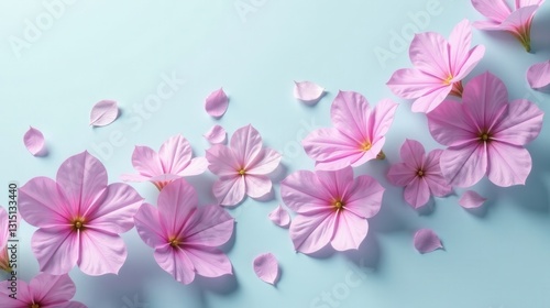 Delicate Pink Blossoms Arranged on a Pastel Blue Background, a Serene Floral Display with Petals Scattered for a Touch of Elegance