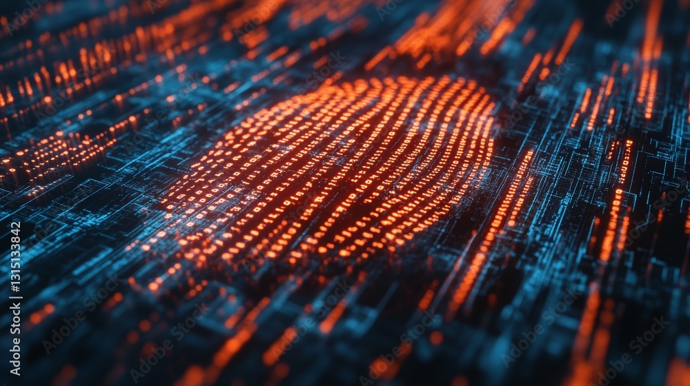 This abstract image features a glowing digital fingerprint composed of binary code against a dynamic backdrop. Ideal for technology and cybersecurity themes. This abstract image features a glowing digital fingerprint composed of binary code against a dynamic backdrop. Ideal for technology and cybersecurity themes.