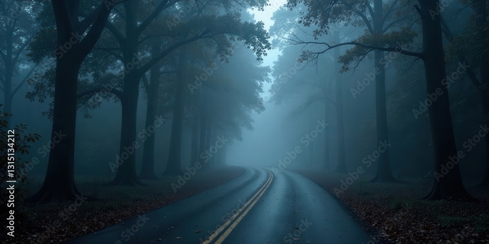 Obraz premium A Serene Winding Road Through a Misty Forest at Dusk