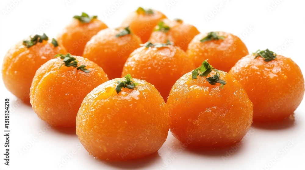 Close-up of twelve round, orange, sweet treats, garnished with small green leaves, arranged on a white background. Close-up of twelve round, orange, sweet treats, garnished with small green leaves, arranged on a white background.