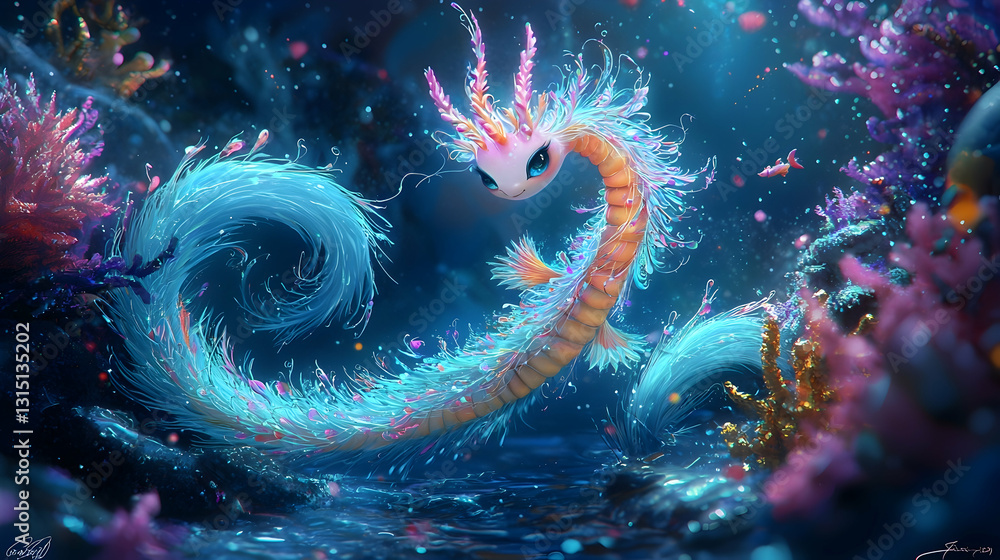 Luminescent sea serpent in vibrant coral reef; magical underwater scene; fantasy art for children's book or game Luminescent sea serpent in vibrant coral reef; magical underwater scene; fantasy art for children's book or game