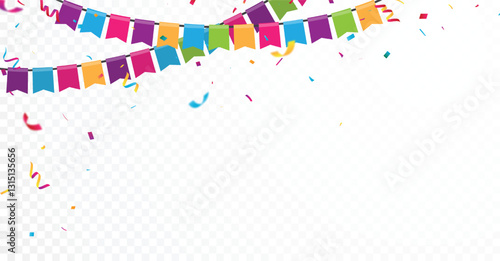 Birthday bunting flags, with colorful confetti, birthday banner and background