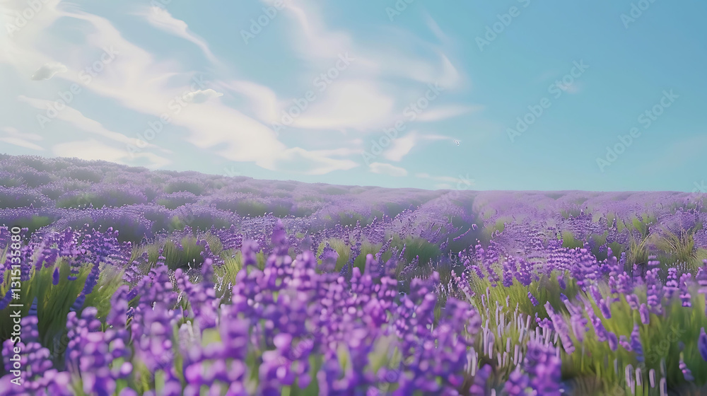 A serene lavender field with rows of purple flowers, a clear sky, and a soft breeze in A serene lavender field with rows of purple flowers, a clear sky, and a soft breeze in