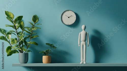 Minimalist decor with clock, plant and puppet mannequin on shelf against blue wall.