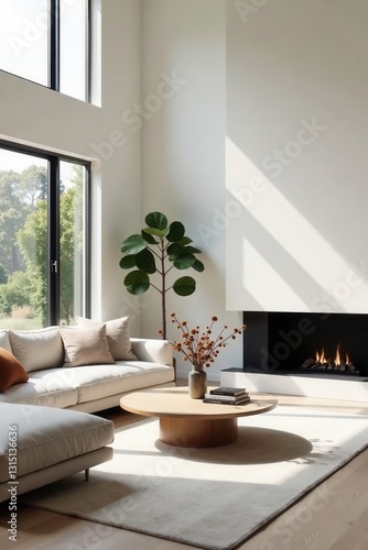 Modern Minimalist Living Room with Sunlight Streaming Through Large Windows and a Cozy Fireplace