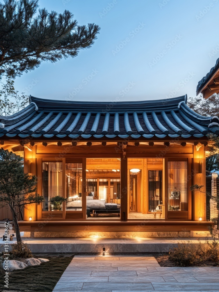 A traditional Korean building illuminated with nighttime lighting A traditional Korean building illuminated with nighttime lighting