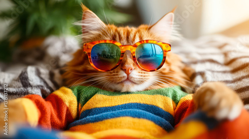 Chill cat in Jamaican Rastafarian outfit and sunglasses sitting at home