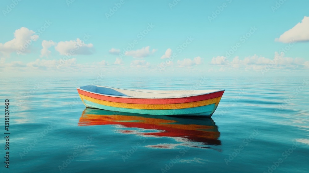 Naklejka premium A small colorful boat adrift on a calm sea against blue sky