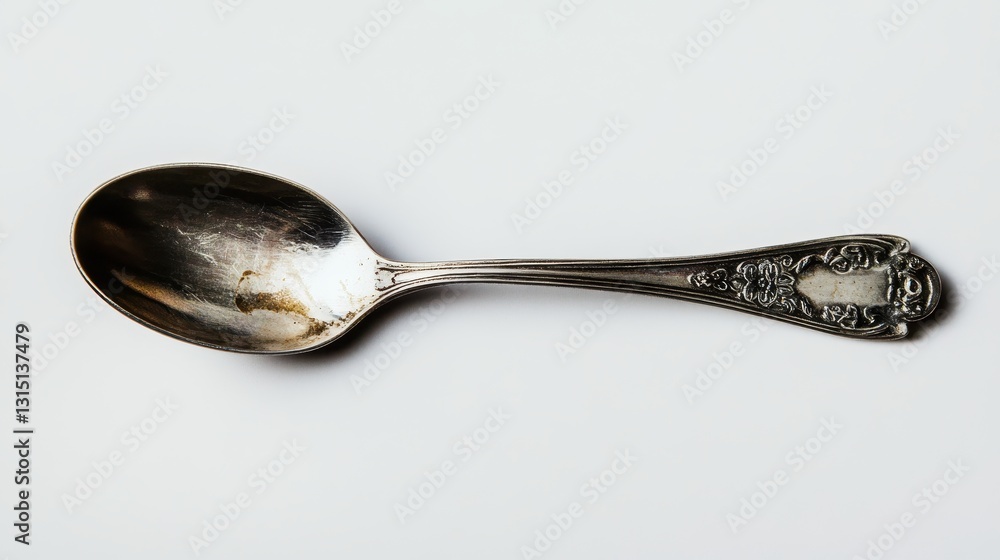 A shiny silver teaspoon placed on a white isolated background, ideal for kitchen or dining content A shiny silver teaspoon placed on a white isolated background, ideal for kitchen or dining content