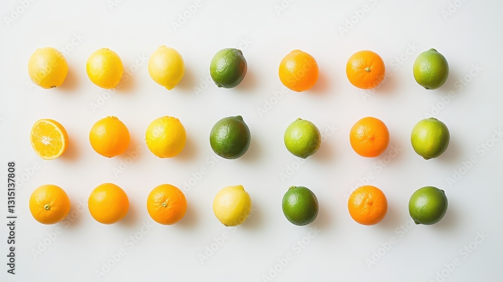 A collection of fresh citrus fruits (lemons, oranges, limes) arranged neatly on a white isolated background A collection of fresh citrus fruits (lemons, oranges, limes) arranged neatly on a white isolated background