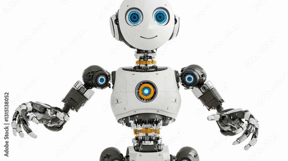 Friendly robot posing against white background; AI, automation, technology concept Friendly robot posing against white background; AI, automation, technology concept