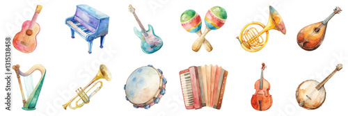 Classical and folk musical instruments in watercolor illustration set. Includes guitar, piano, maracas, banjo, accordion and brass instruments with vibrant colors isolated on transparent background. photo