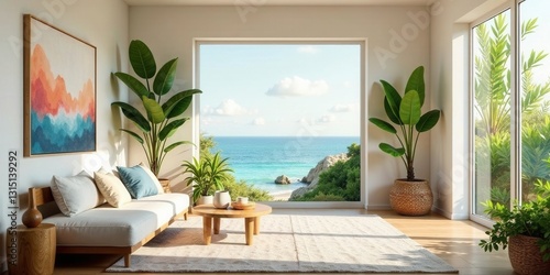 Relaxing Coastal Living Room with Ocean View and Natural Decor