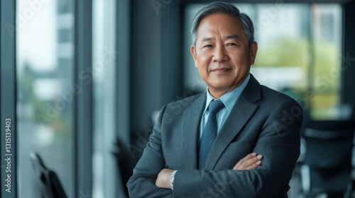Senior Mature Asian businessman in formal wear portrait of confident businessman in office professional business attire, emphasizing confidence and success