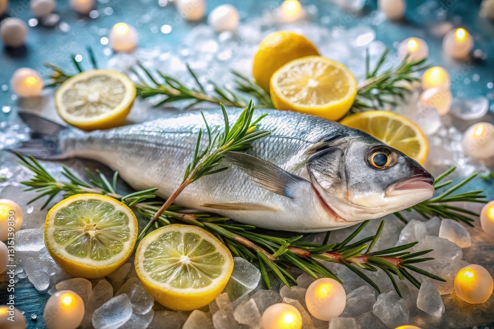 Fresh Seafood Flat Lay: Raw Fish, Lemons, Rosemary, Ice - High-Resolution Architectural Photography Fresh Seafood Flat Lay: Raw Fish, Lemons, Rosemary, Ice - High-Resolution Architectural Photography