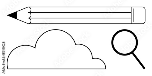 Pencil, cloud, and magnifying glass symbolize creativity, imagination, and exploration. Ideal for learning, innovation, brainstorming research education design analysis. Flat simple metaphor