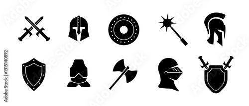 A minimalistic black vector icon set featuring a warrior silhouette with a helmet, sword, and shield, symbolizing medieval chivalry, defense, and battle.