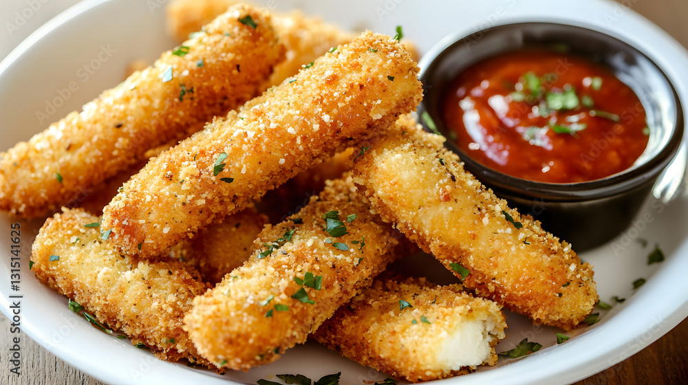 Crispy mozzarella sticks coated in breadcrumbs and topped with a sprinkle of parmesan cheese, served hot and golden. Crispy mozzarella sticks coated in breadcrumbs and topped with a sprinkle of parmesan cheese, served hot and golden.